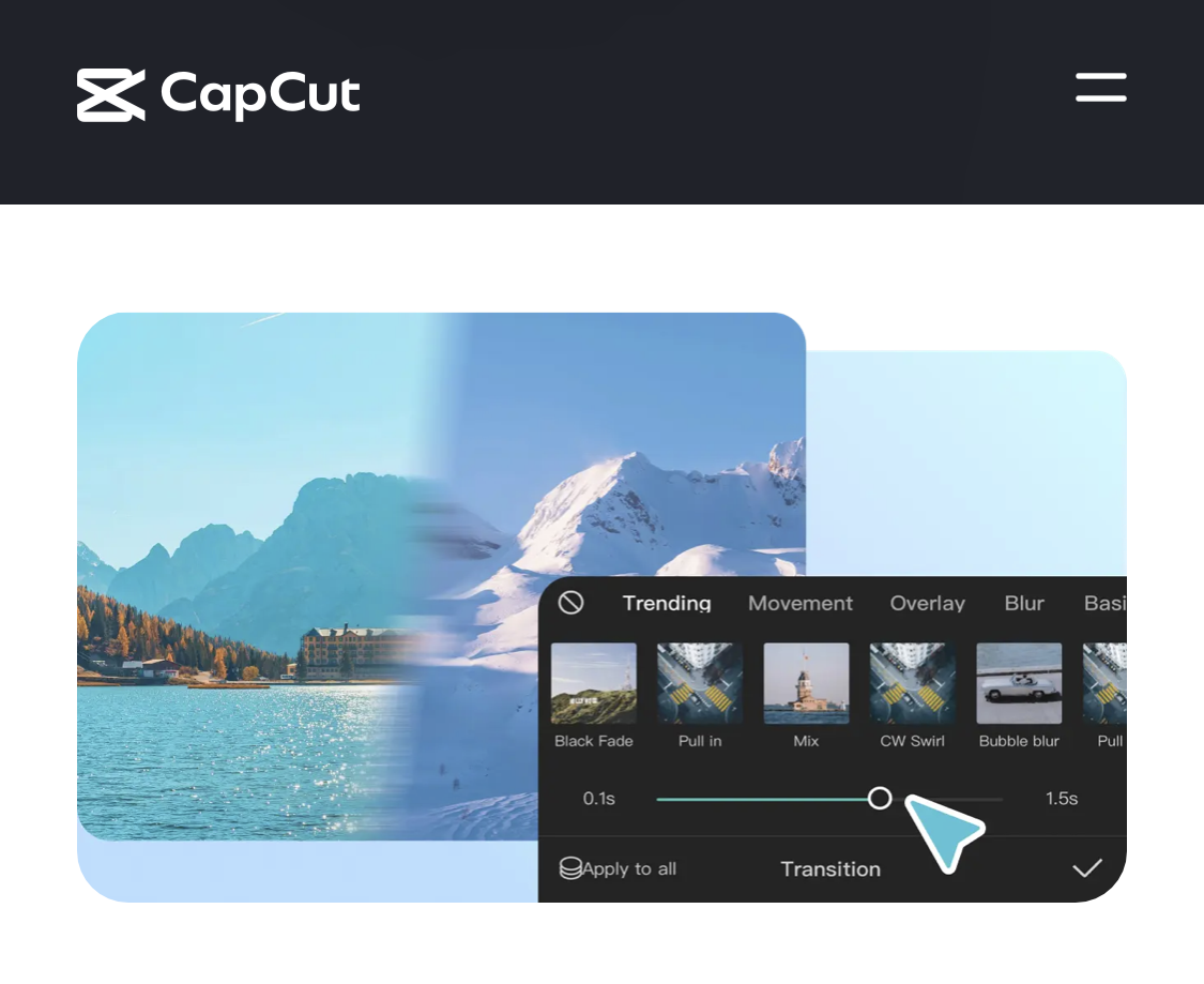Interface do CapCut mostrando recursos de transição entre dois vídeos
